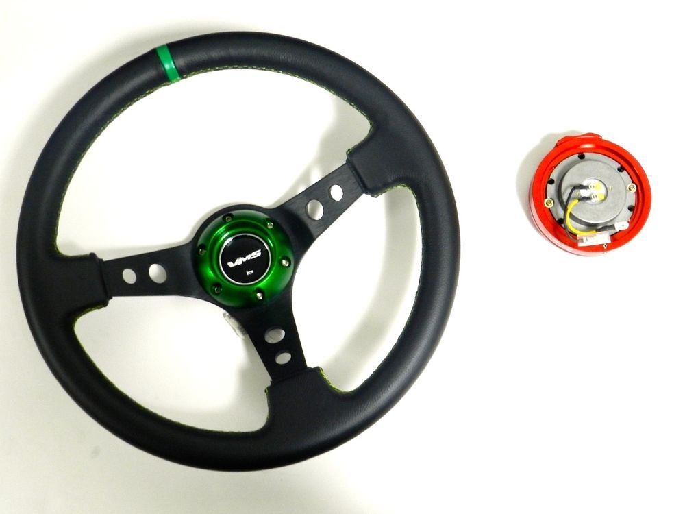 VMS RACING UNIVERSAL GREEN STEERING WHEEL & RED QUICK RELEASE KIT D2