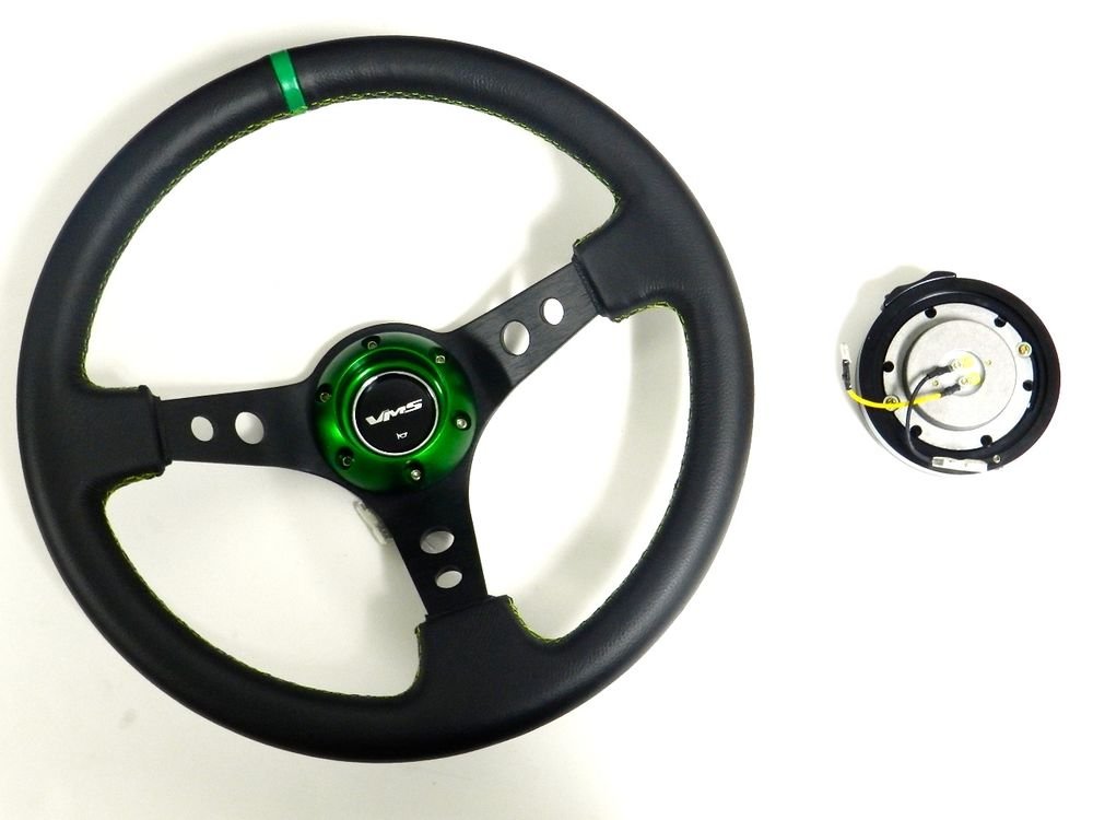 VMS RACING UNIVERSAL 6-BOLT GREEN STEERING WHEEL & BLACK QUICK RELEASE KIT E2