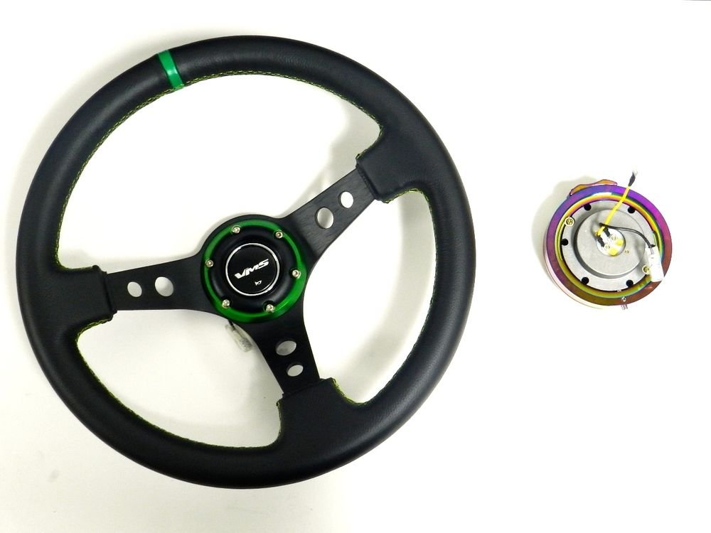 VMS RACING UNIVERSAL GREEN STEERING WHEEL & NEO CHROME QUICK RELEASE KIT B