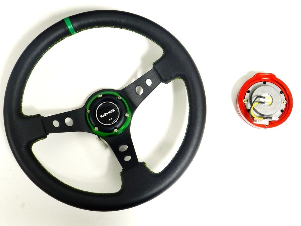 VMS RACING UNIVERSAL GREEN STEERING WHEEL & RED QUICK RELEASE KIT E