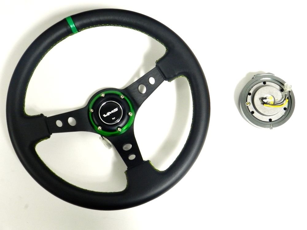 VMS RACING UNIVERSAL GREEN STEERING WHEEL & GUNMETAL QUICK RELEASE KIT
