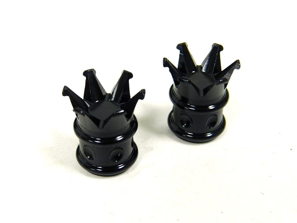 2PC KING CROWN WHEEL RIM CNC BILLET ALUMINUM VALVE STEM CAPS - BLACK