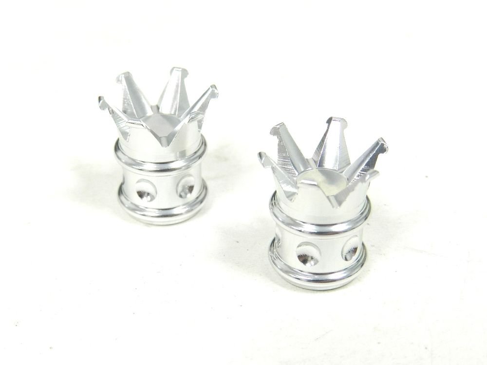 2PC MOTORCYCLE SPORT CRUISER CHOPPER CNC CROWN WHEEL RIM VALVE STEM CAPS SILVER