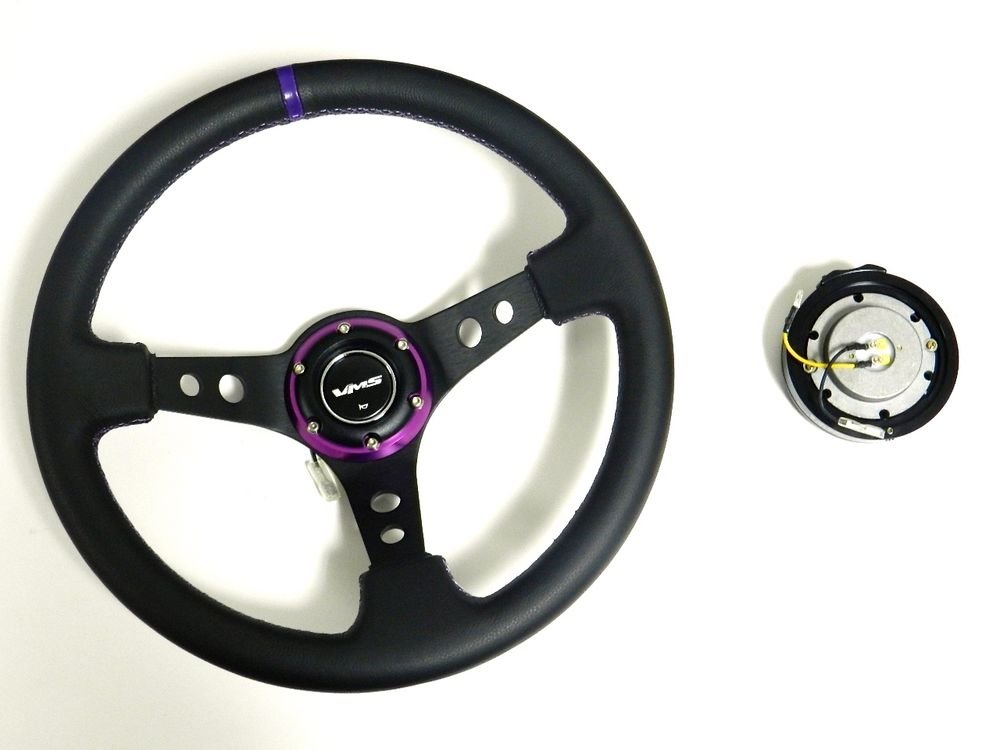 VMS RACING UNIVERSAL 6-BOLT PURPLE STEERING WHEEL & BLACK QUICK RELEASE KIT E