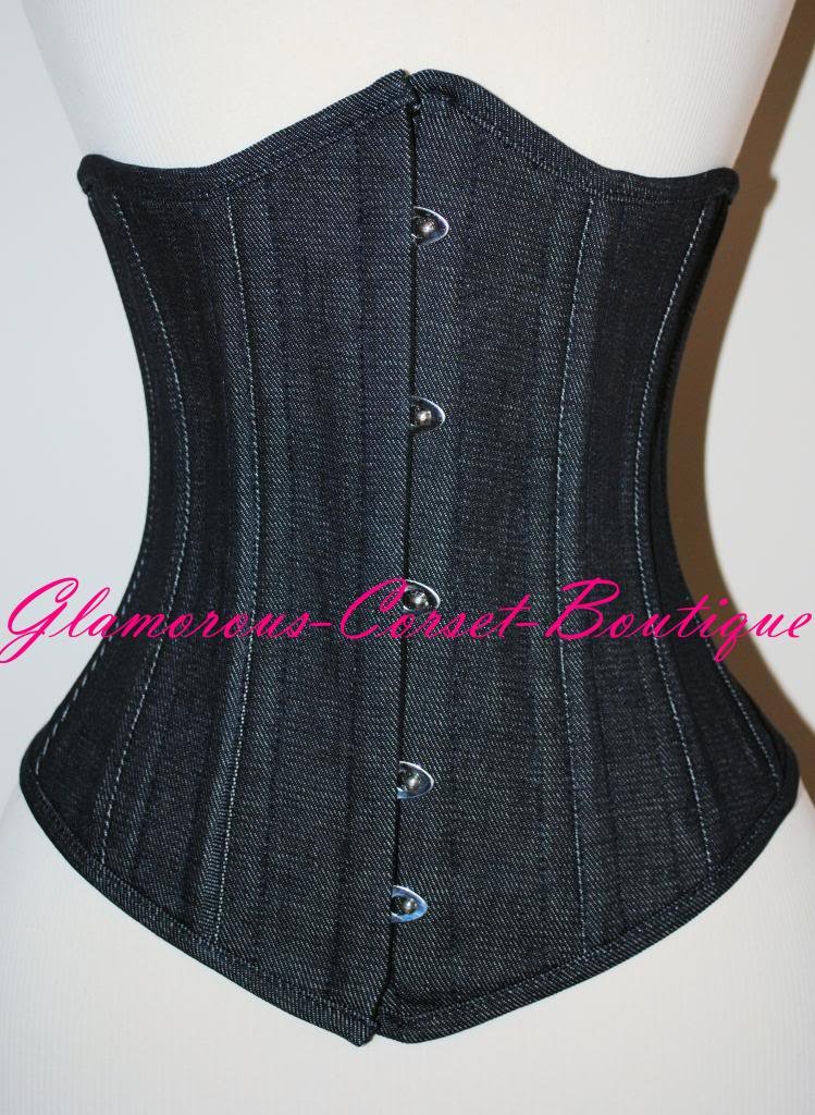 Double Steel Boned Waist Training Corset Denim Underbust Cincher + Garters XS-3X