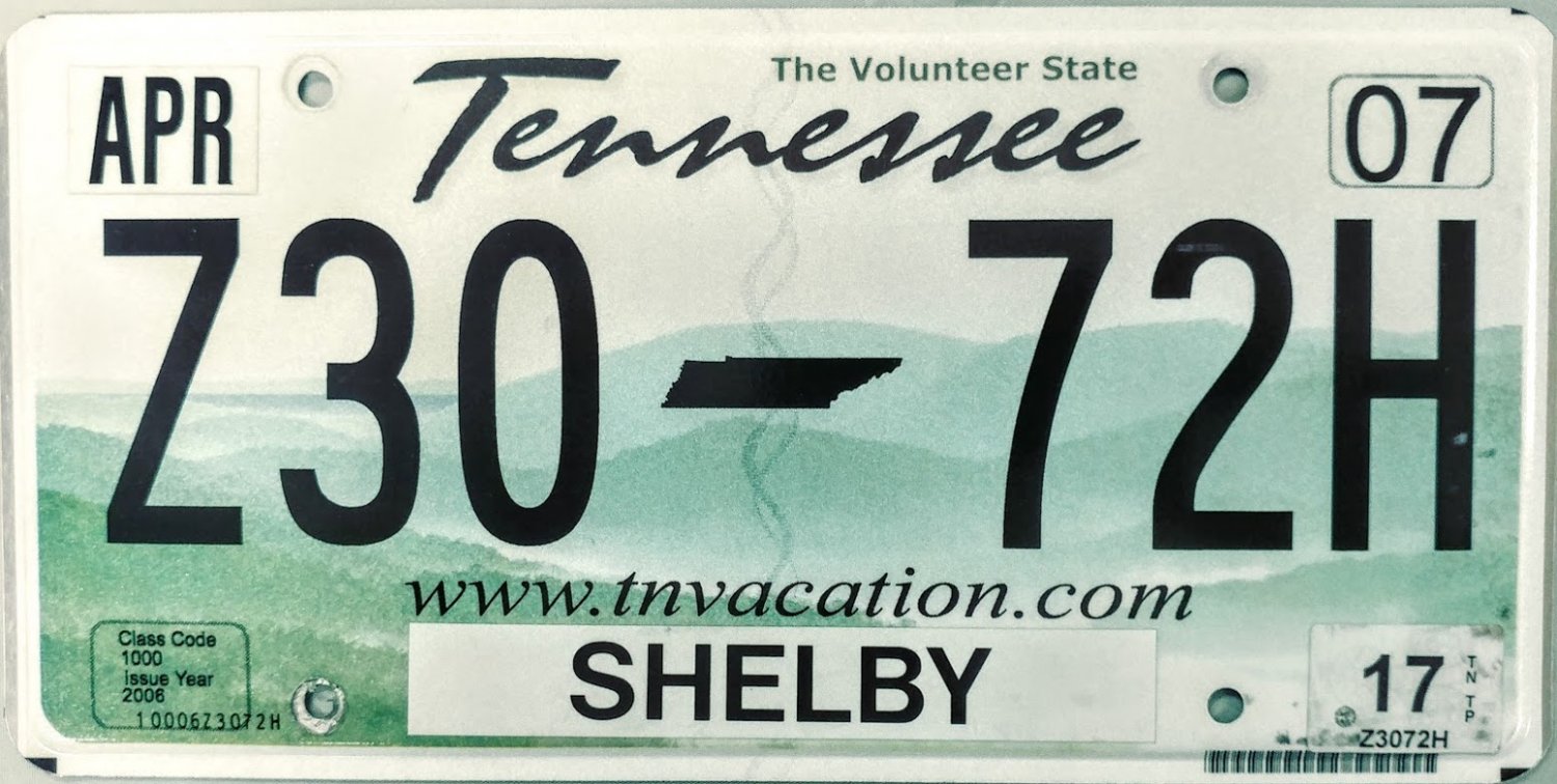 2017 Tennessee License Plate (Z30 72H)