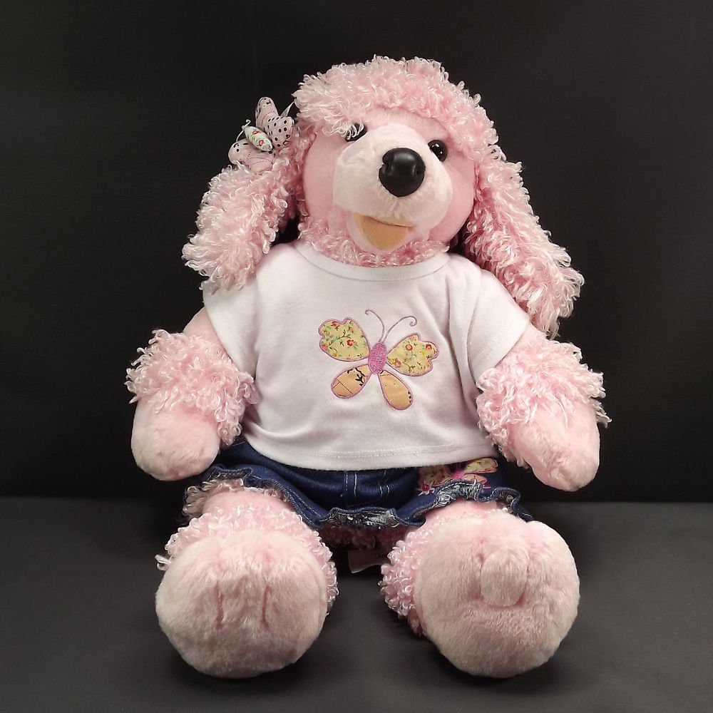 Build-A-Bear Pink Poodle 21Inch Plush Jean Skirt Tee Shirt Butterfly Bow Outfit