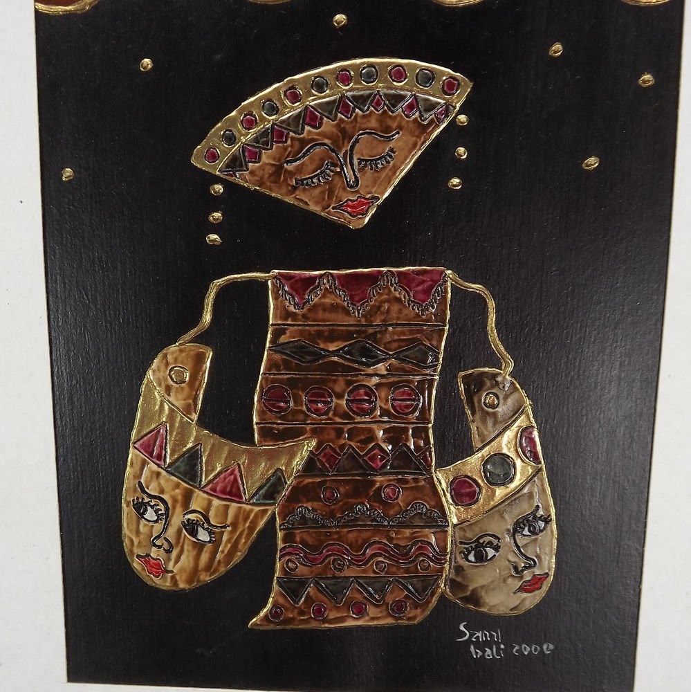 Folk Art Painting Signed Indonesian Dancer Bali Masks Ritual 10 x 12
