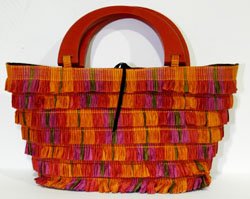 Multi Colored Handmade Paper Woven Small w Red Wood Handles
