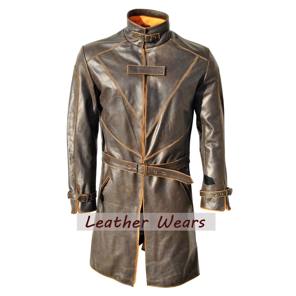 Watch Dogs Trench Coat Genuine Leather Jacket Distressed 100% Real Leather coat