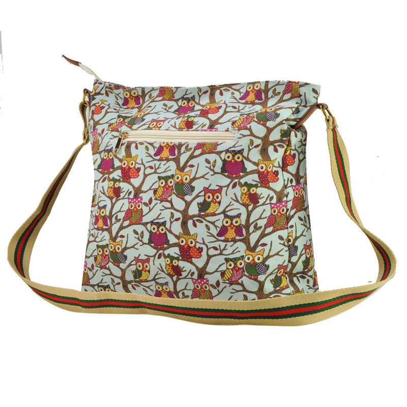 Blue Owl Print Canvas Cross Body Satchel Fashion Shoulder Bag College School