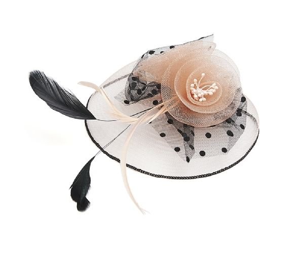 Peach Pink and Black Floral Design Fascinator with Feathers Hair Accessory