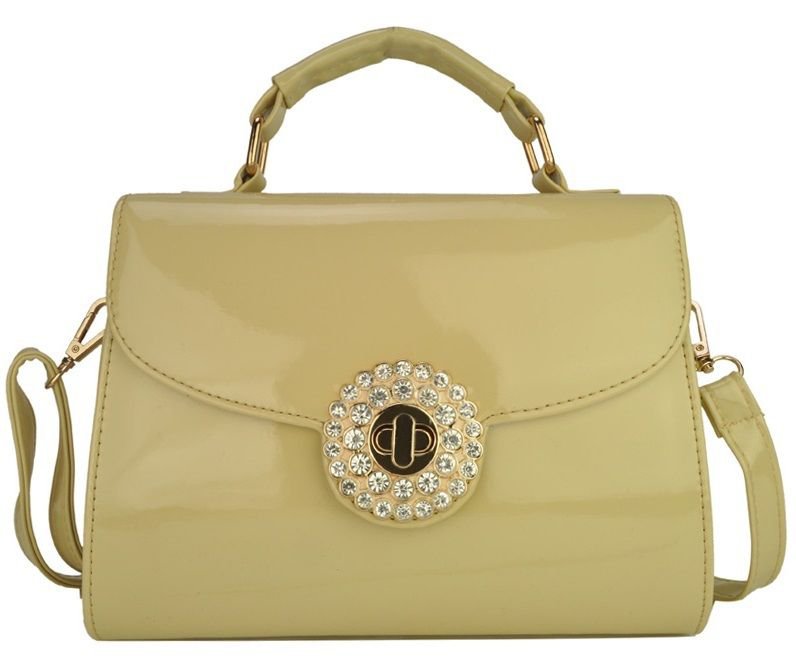 Celebrity Style Cream and Gold Patent Satchel Handbag with Diamante Twist Lock