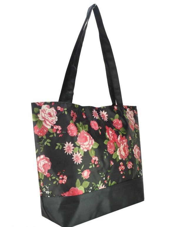 Black Vintage Style Rose Flower Print Shopper Handbag with Purse