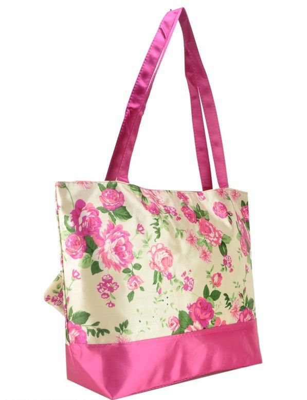 Pink and Beige Vintage Style Rose Flower Print Shopper Handbag with Purse