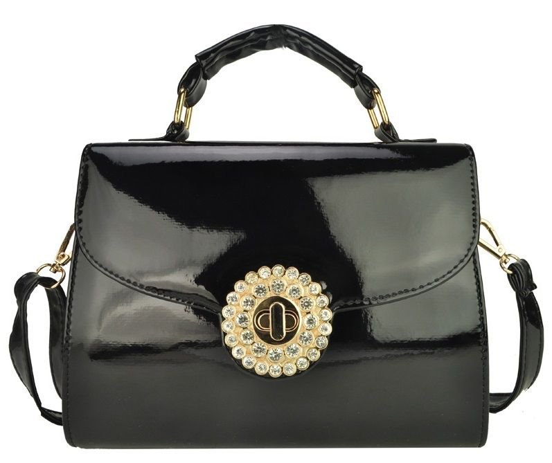 Black and Gold Patent Satchel Handbag with Diamante Twist Lock + FREE GIFT