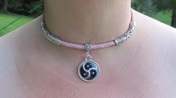 BDSM Day Collar with silver tube accents and triskelion pendant N27