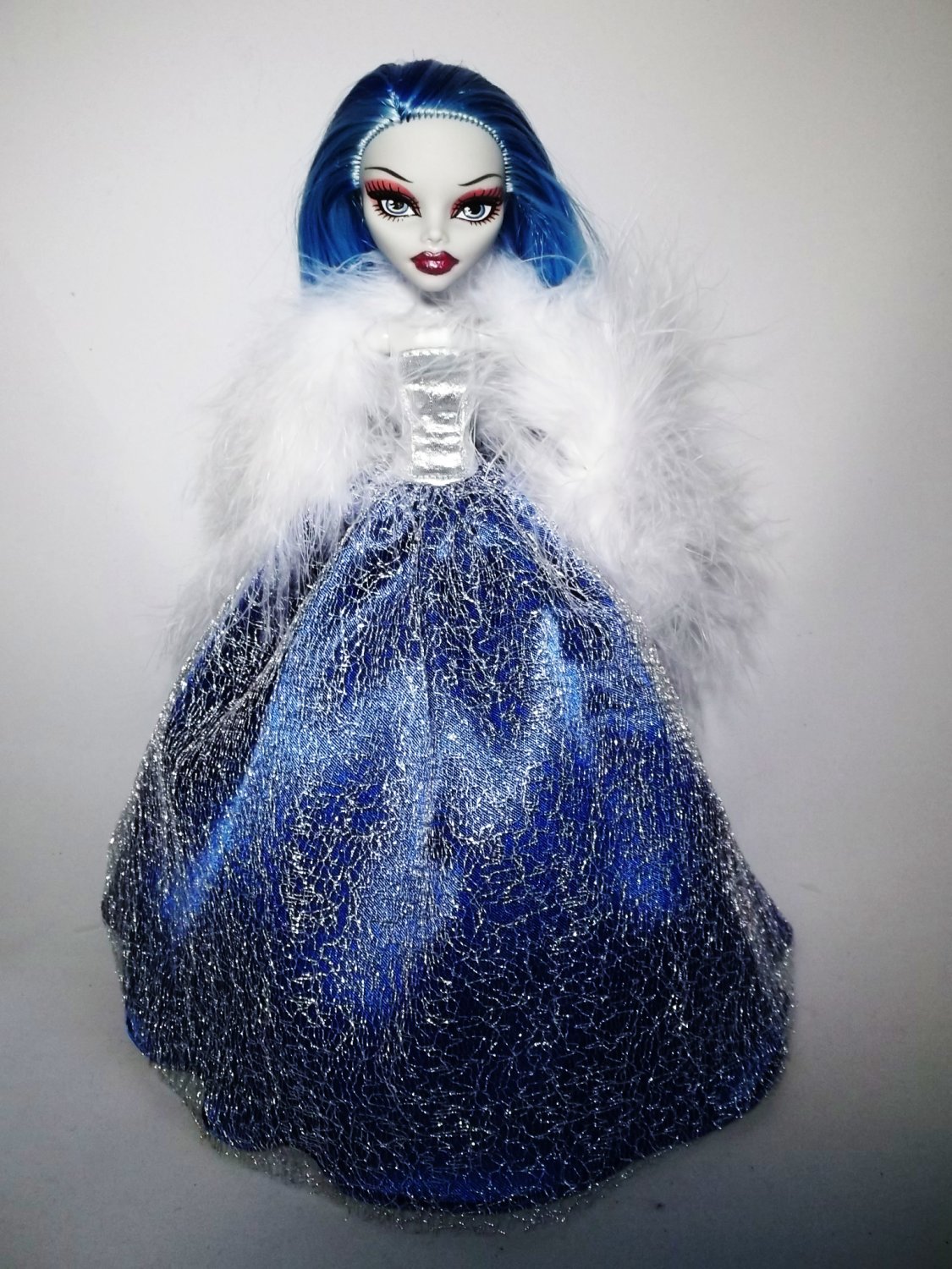 Handmade Monster High Dress Gown Blue Silver mesh with Boa