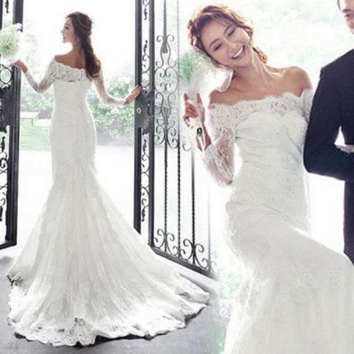 LUXURY WHITE LACE PRINCES BRIDE FISH TAIL LONG TRAIN HANDMADE FORMAL SIZE 6 & 10