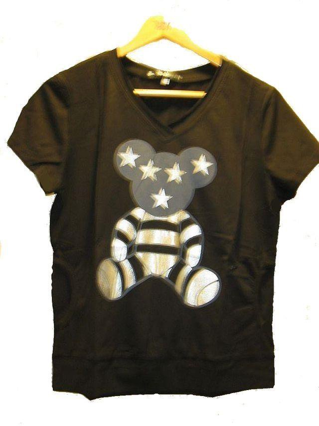 KOREAN WESTERN FASHION ANIMAL PRINT BEAR CASUAL LYCRA/SPANDEX SHORT SLEEVE BLACK