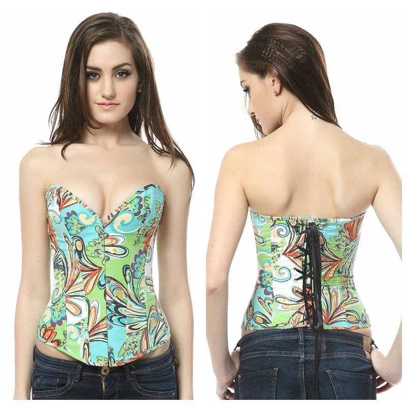 Plus Floral Denim Corset Womens New Peacock Pattern Lace Up Back Corset Bustier