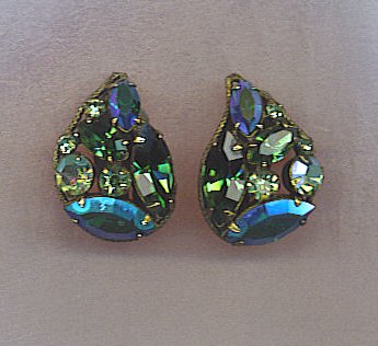 PEACOCK COLORS AB VTG. RHINESTONE EARRINGS