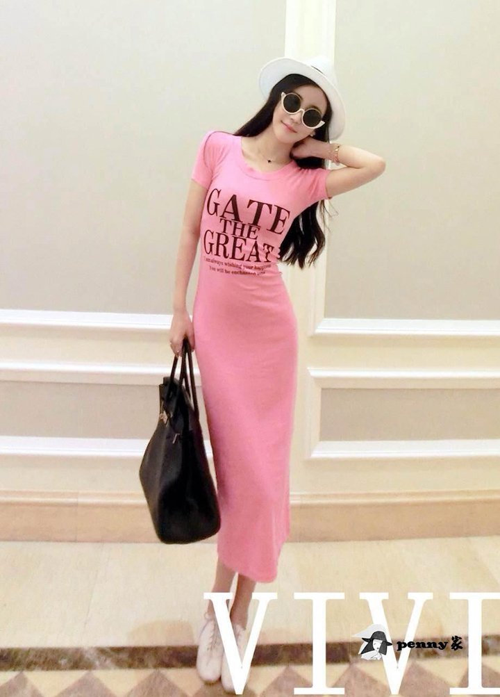 Pink Korean summer cotton round neck letters printed short sleeve dress Slim hip casual dress