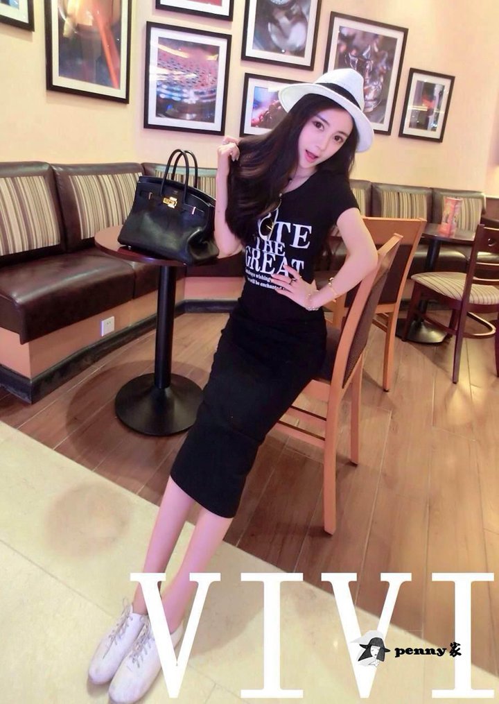 Black Korean summer cotton round neck letters printed short sleeve dress Slim hip casual dress