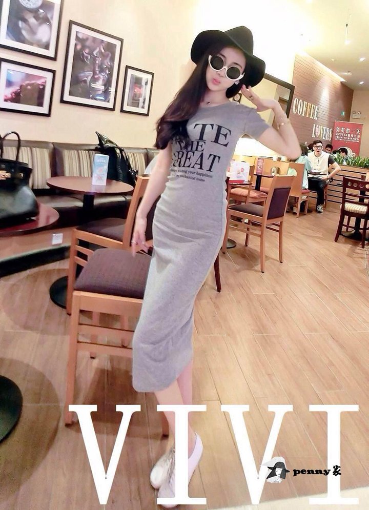 Grey Korean summer cotton round neck letters printed short sleeve dress Slim hip casual dress