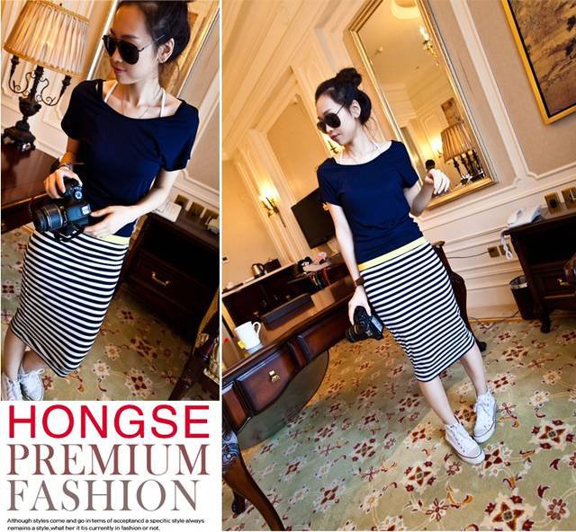 Blue short-sleeved striped dress skirt