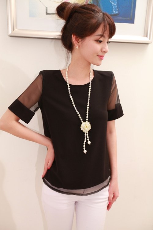 Women black chiffon short sleeve lace blouse