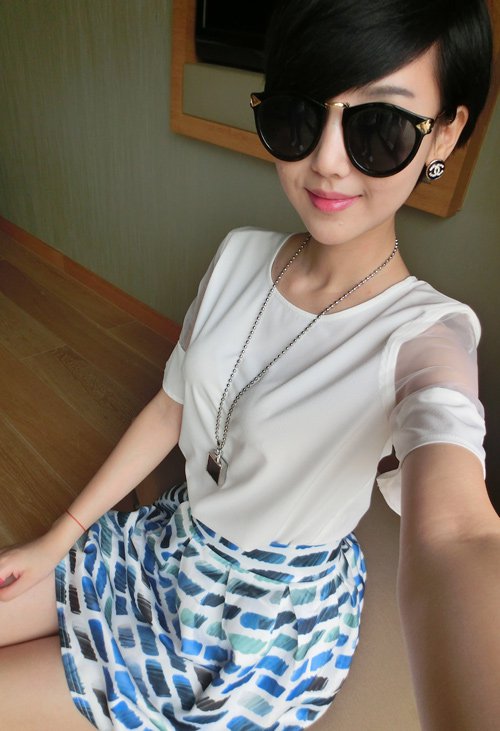 Women white chiffon short sleeve lace blouse