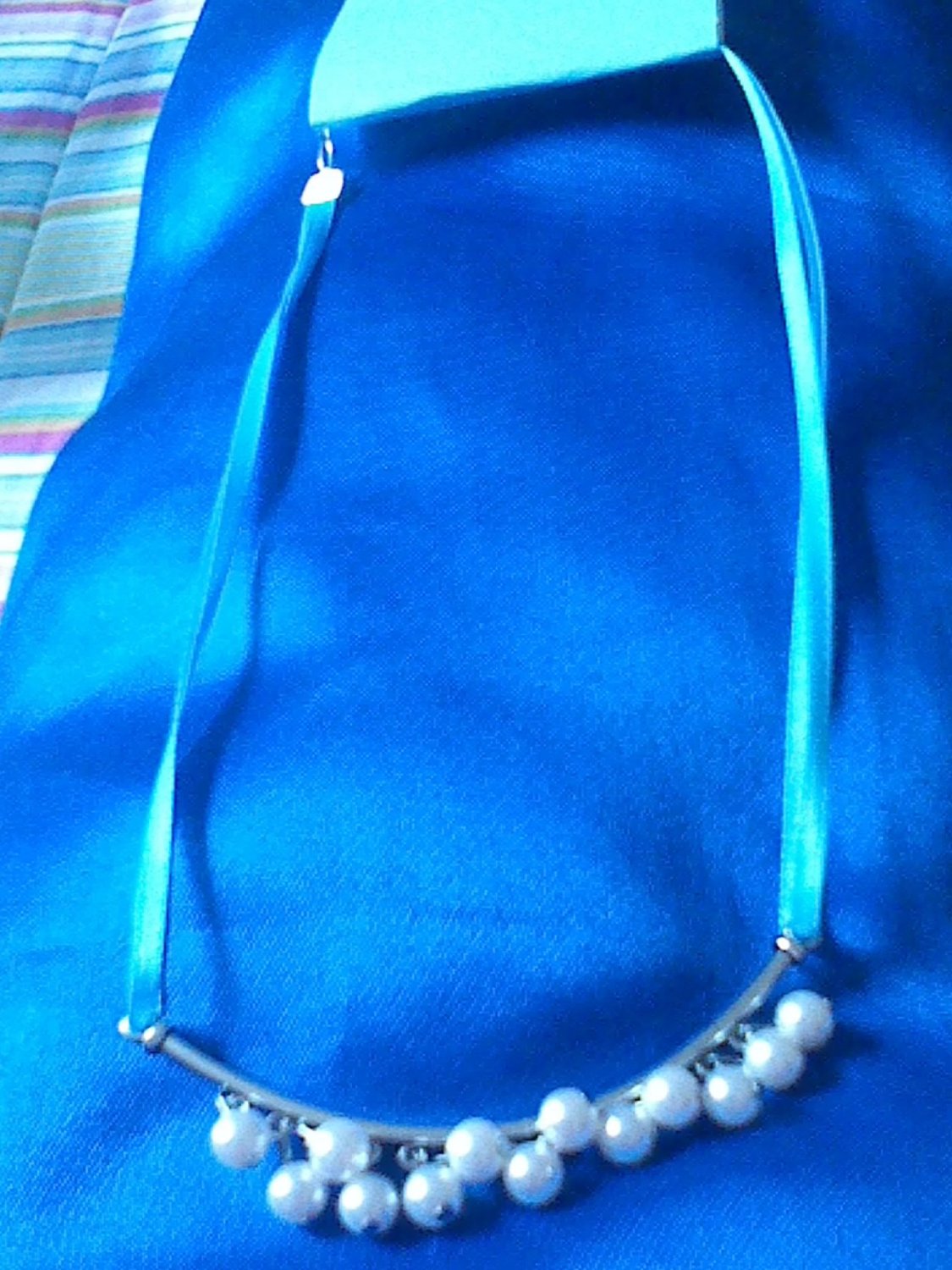 Blue Ribbon and Pearl Dangle necklace