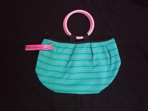 Unique green, pink and black hand bag with stripes
