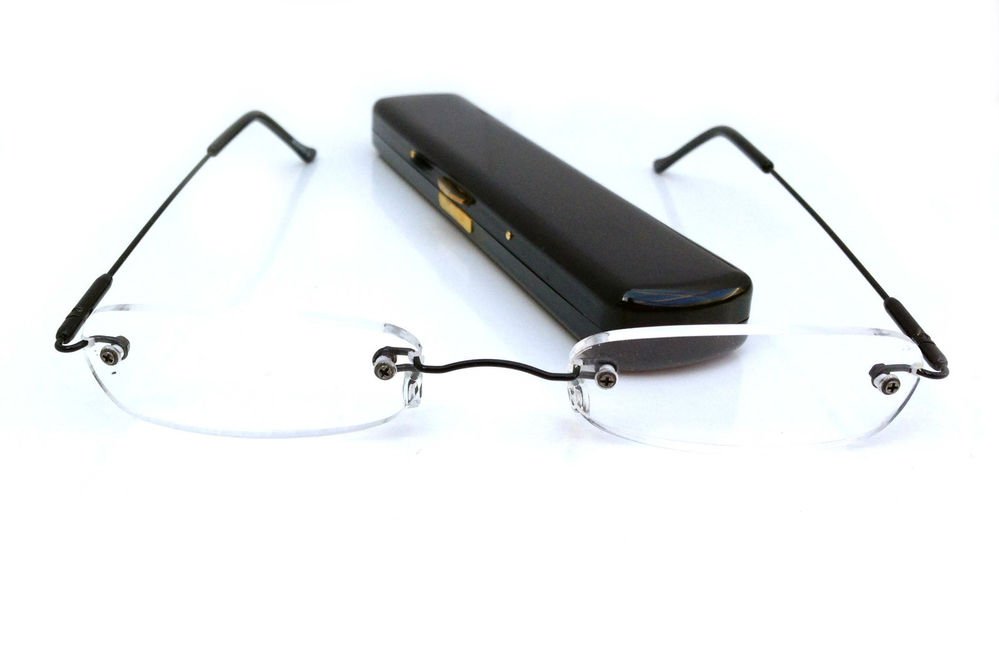 BRAND NEW BLACK MENU READING GLASSES SLIM RIMLESS SPRUNG ARM FRAMES PLUS CASE