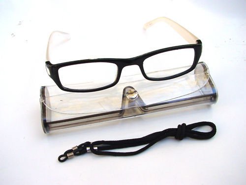 BLACK WHITE READING GLASSES WITH NECK CORD & CASE +1.0 D523
