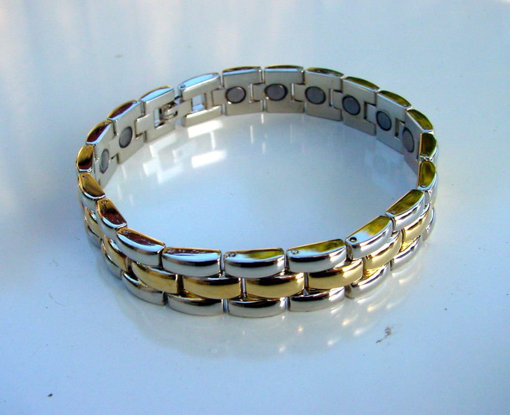NEW MAGNETIC THERAPY POLISHED GOLD METAL & STAINLESS STEEL BRACELET UNISEX