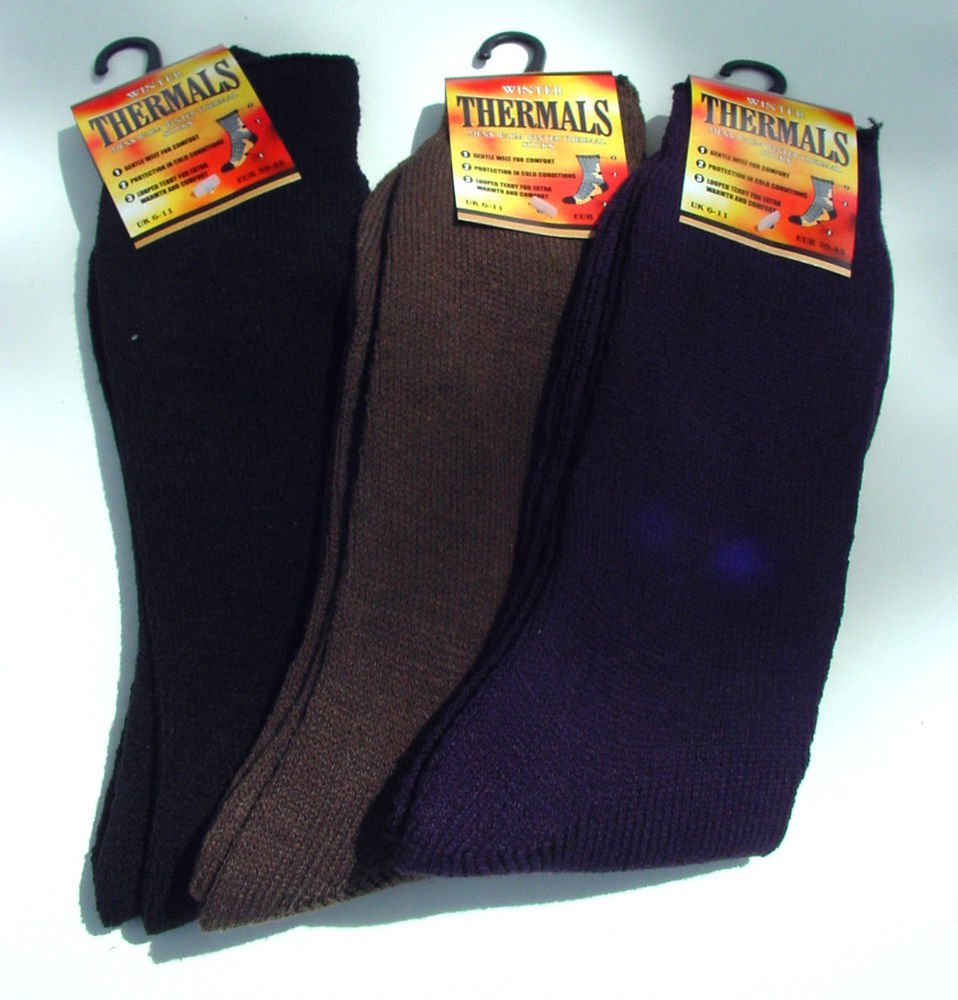 3 PAIRS MENS WARM THERMAL SOCKS BLUE BLACK & KHAKI ONE SIZE