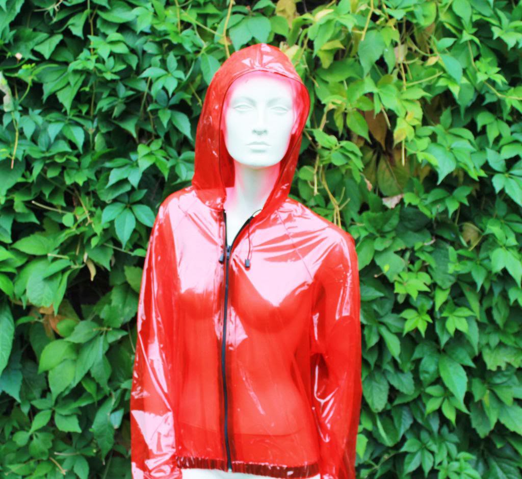 LUXURY QUALITY PVC FESTIVAL BOMBER JACKET RAINCOAT TRANSPARENT RED LARGE FR7