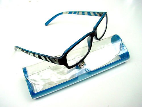 NEW BLUE BLACK ZEBRA ARM READING GLASSES & CASE +3.0