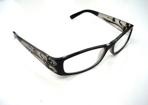 QUALITY READING GLASSES PLAIN BLACK FRAMES & DIAMANTE DECORATED ARMS + 2.5 E50