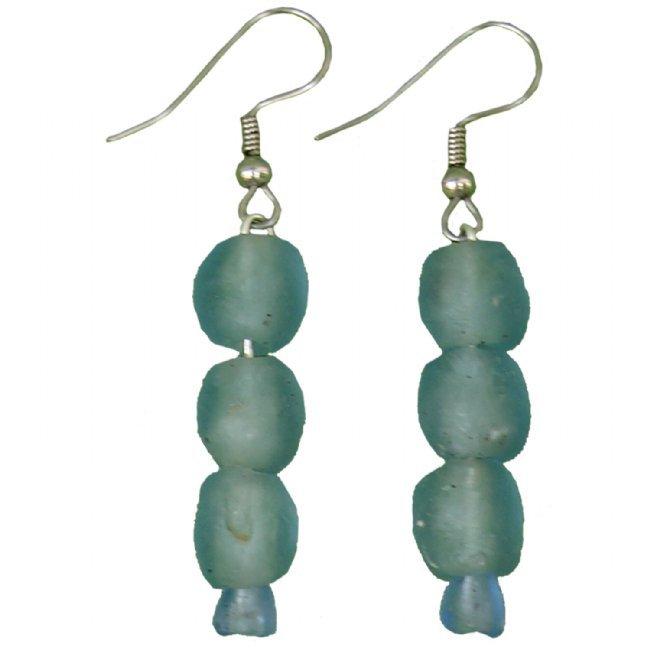 Handmade Recycled Glass Bead Drop Earrings Aqua Fair Trade