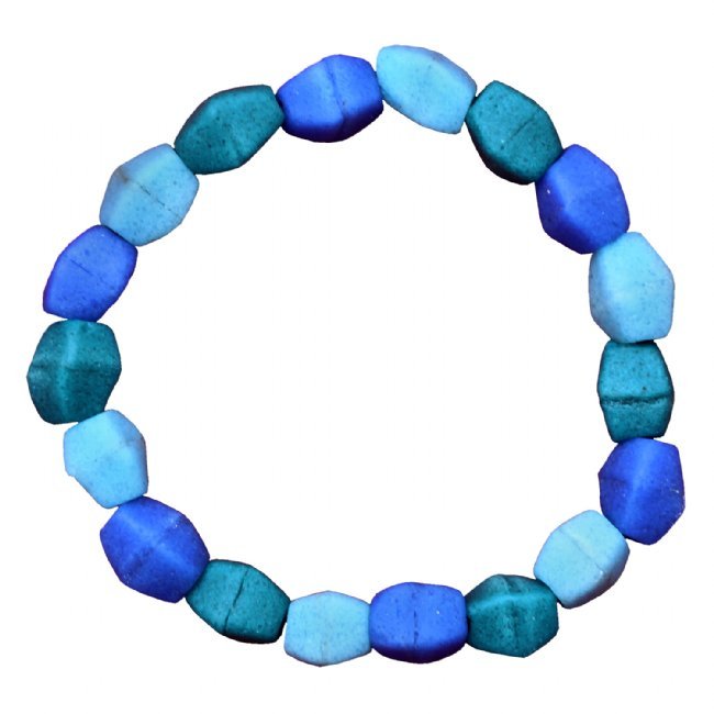 Three Tone Blue Recycled Glass Bead Stretch Bracelet Handmade Fair Trade