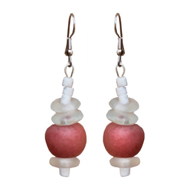 Handmade Recyceled Pink Poppy Glass Bead Abacus Drop Earrings Fair Trade