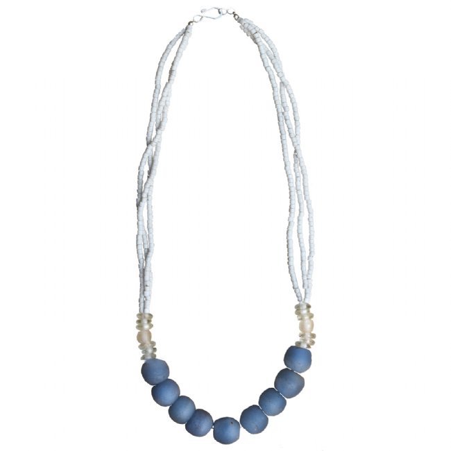 White and Blue Recycled Glass Bead Abacus 3-layer Long Necklace Handmade Fair Trade