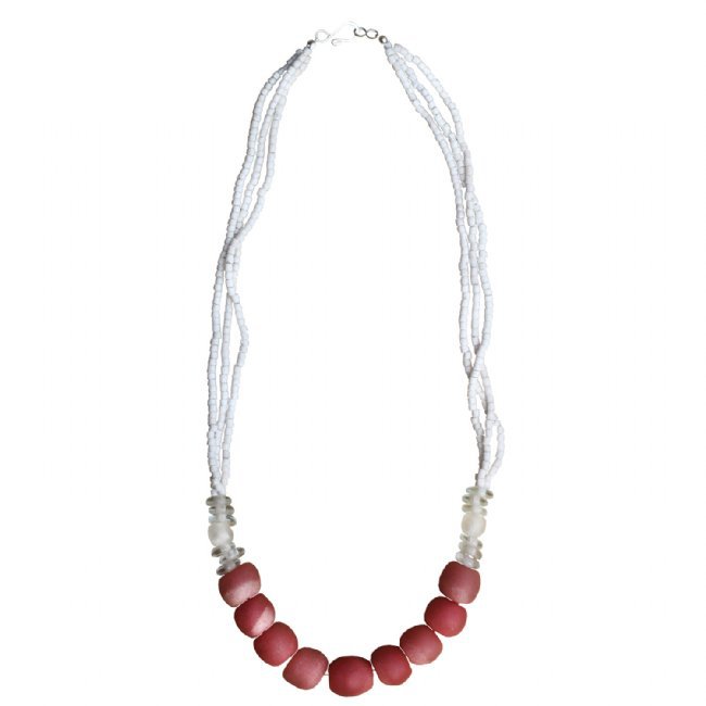 White and Pink Recycled Glass Bead Abacus 3-layer Long Necklace Handmade Fair Trade