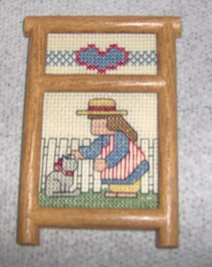 Here kitty kitty Framed cross stitch magnet handmade