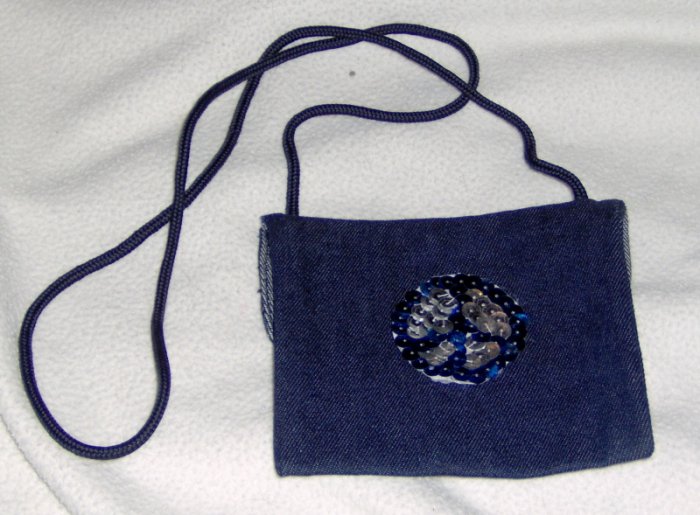 Hand embellished sequin twill purse - blue and silver peace