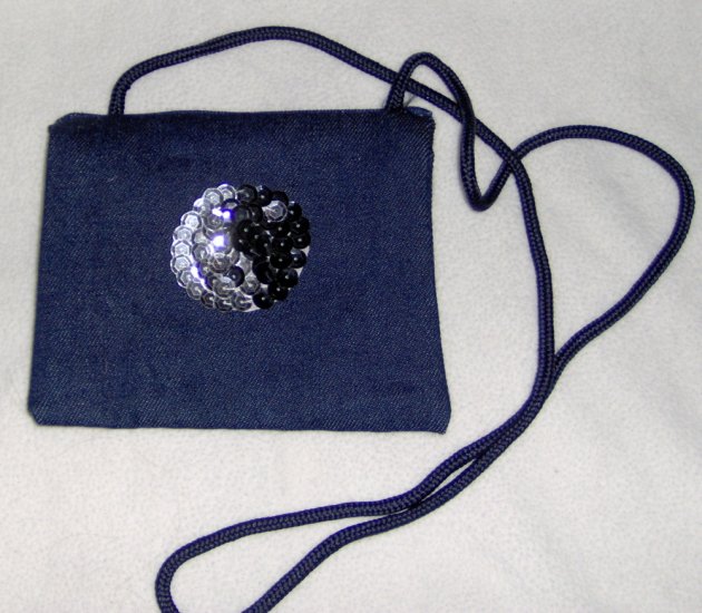 Hand embellished sequin twill purse - black and silver yin yang
