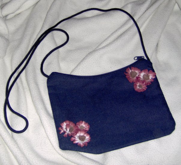 Hand embellished twill purse - red / purple fabric flowers